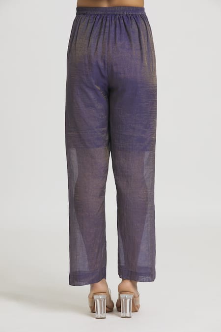 Urvashi Kaur_Purple Tissue Cotton Silk Woven Zari Work Metallic Straight Pant  _at_Aza_Fashions