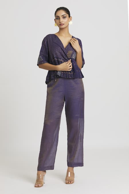 Shop_Urvashi Kaur_Purple Tissue Cotton Silk Woven Zari Work Metallic Straight Pant  _at_Aza_Fashions