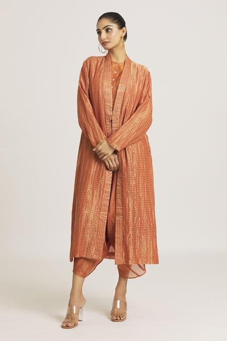 Urvashi Kaur_Coral Kota Doria, Silk Shawl Neck Chanderi Textured Jacket _Online_at_Aza_Fashions
