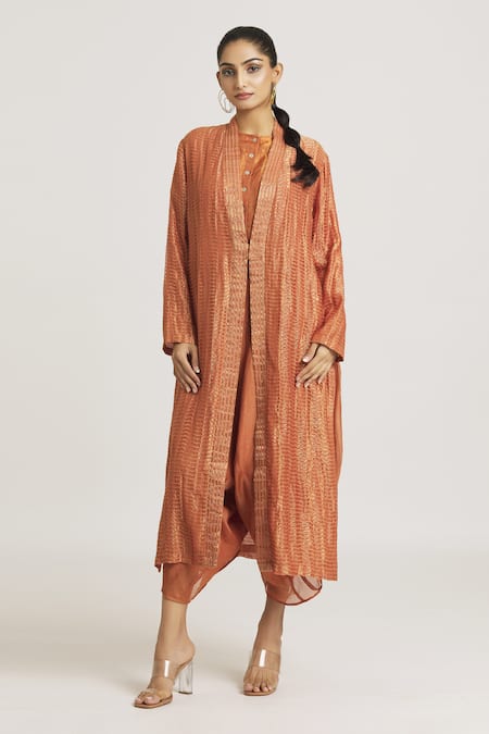 Buy_Urvashi Kaur_Coral Kota Doria, Silk Shawl Neck Chanderi Textured Jacket _Online_at_Aza_Fashions