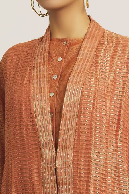 Shop_Urvashi Kaur_Coral Kota Doria, Silk Shawl Neck Chanderi Textured Jacket _Online_at_Aza_Fashions