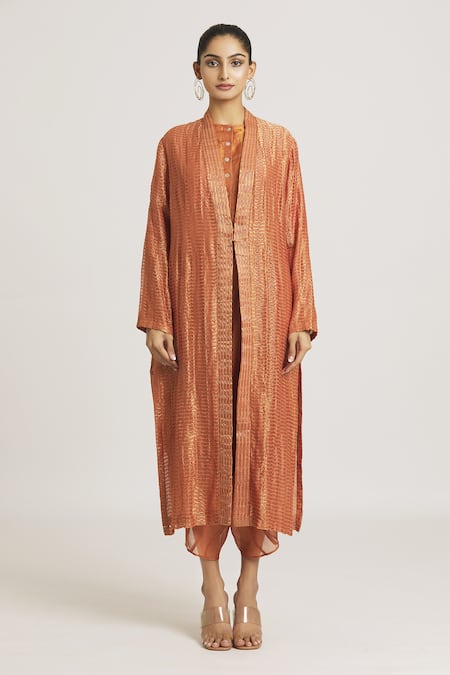 Urvashi Kaur_Coral Kota Doria, Silk Shawl Neck Chanderi Textured Jacket _at_Aza_Fashions