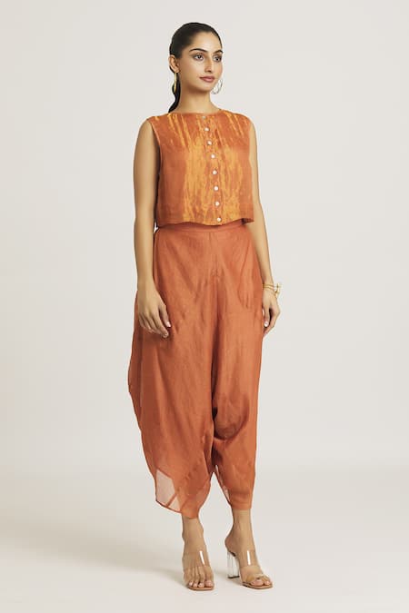 Shop Urvashi Kaur Coral Tissue, Silk Stripe Pattern Asymmetric Pant Online at Aza Fashions Shop_Urvashi Kaur_Coral Tissue, Silk Stripe Pattern Asymmetric Pant _Online_at_Aza_Fashions