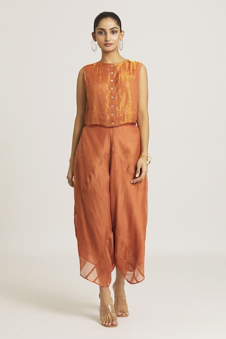 Shop Urvashi Kaur Coral Tissue, Silk Stripe Pattern Asymmetric Pant at Aza Fashions Shop_Urvashi Kaur_Coral Tissue, Silk Stripe Pattern Asymmetric Pant _at_Aza_Fashions