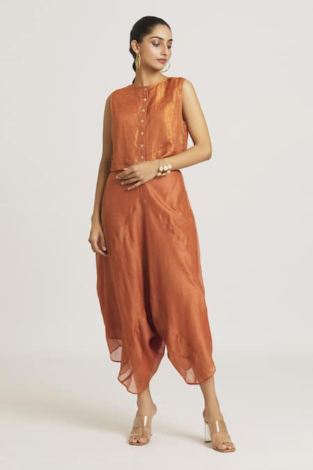 Shop Urvashi Kaur Coral Kota Doria, Silk Round Neck Metallic Button Down Crop Top Online at Aza Fashions Shop_Urvashi Kaur_Coral Kota Doria, Silk Round Neck Metallic Button Down Crop Top _Online_at_Aza_Fashions