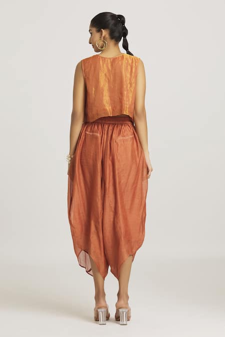 Shop Urvashi Kaur Coral Kota Doria, Silk Round Neck Metallic Button Down Crop Top at Aza Fashions Shop_Urvashi Kaur_Coral Kota Doria, Silk Round Neck Metallic Button Down Crop Top _at_Aza_Fashions