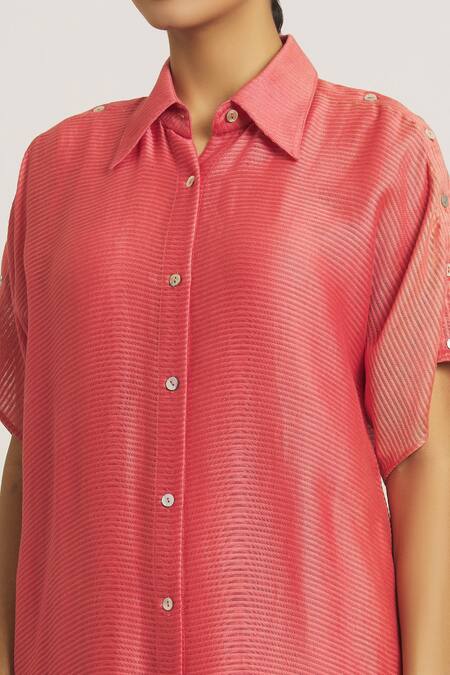 Urvashi Kaur Coral Chanderi Silk Collared Shirt Dress at Aza Fashions Urvashi Kaur_Coral Chanderi Silk Collared Shirt Dress _at_Aza_Fashions