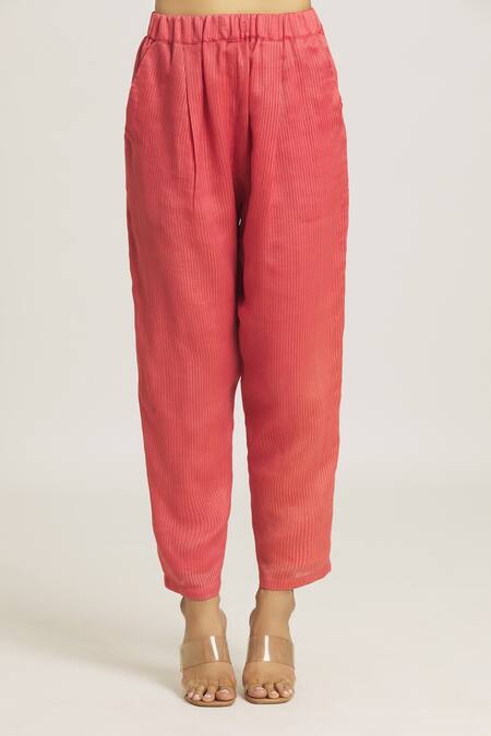 Urvashi Kaur_Coral Chanderi Silk Woven Stripe Pattern Pant  _Online_at_Aza_Fashions