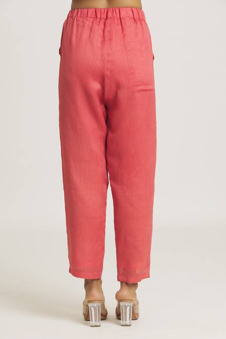 Shop_Urvashi Kaur_Coral Chanderi Silk Woven Stripe Pattern Pant  _Online_at_Aza_Fashions