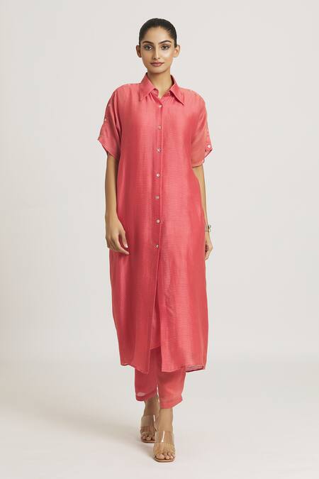 Shop_Urvashi Kaur_Coral Chanderi Silk Woven Stripe Pattern Pant  _at_Aza_Fashions