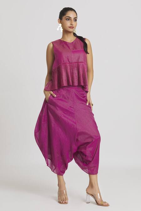 Urvashi Kaur_Fuchsia Tissue Zari Silk Woven Stripe Dhoti Pant  _at_Aza_Fashions