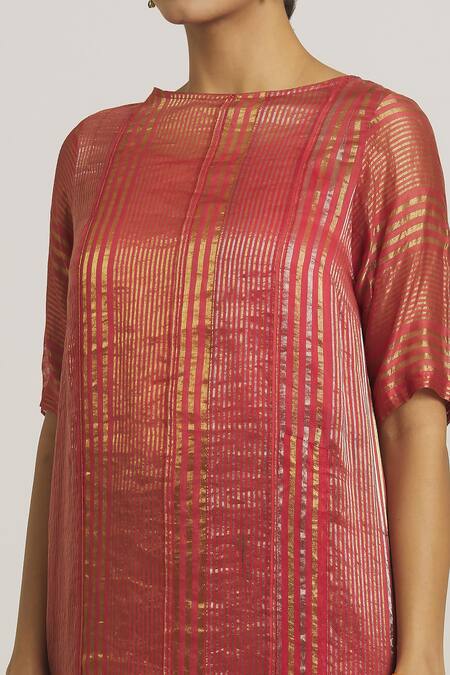 Shop_Urvashi Kaur_Red Zari Tissue Silk Woven Stripe Boat Neck Tunic _Online_at_Aza_Fashions