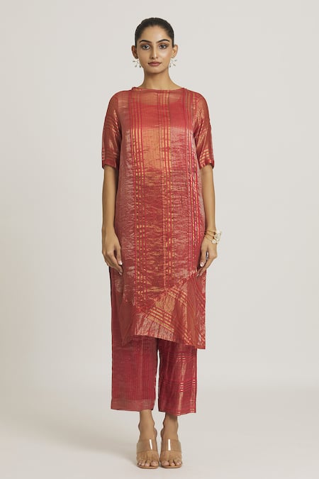 Urvashi Kaur_Red Zari Tissue Silk Woven Stripe Boat Neck Tunic _at_Aza_Fashions