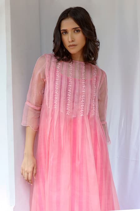 Ayaka_Pink Silk Organza, Viscose Embroidery High Neck Thread Hand Dress With Inner _Online_at_Aza_Fashions