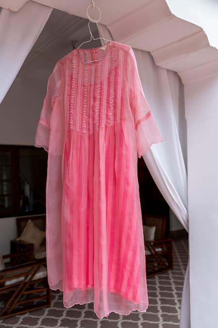 Buy_Ayaka_Pink Silk Organza, Viscose Embroidery High Neck Thread Hand Dress With Inner _Online_at_Aza_Fashions