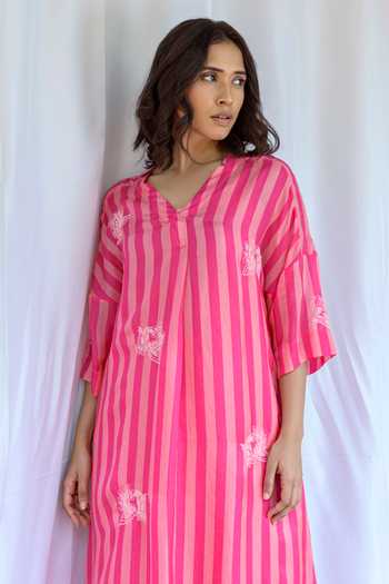 Buy_Ayaka_Pink Viscose Embroidery V-neck Striped Tunic With Inner _Online_at_Aza_Fashions