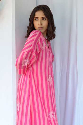 Shop_Ayaka_Pink Viscose Embroidery V-neck Striped Tunic With Inner _Online_at_Aza_Fashions