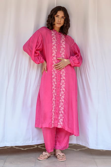 Ayaka_Fuchsia Viscose Embroidery High Neck Thread Hand Tunic _Online_at_Aza_Fashions