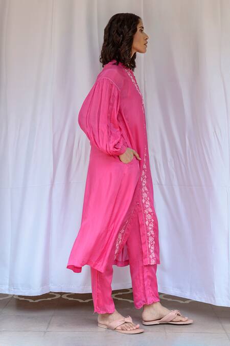 Buy_Ayaka_Fuchsia Viscose Embroidery High Neck Thread Hand Tunic _Online_at_Aza_Fashions