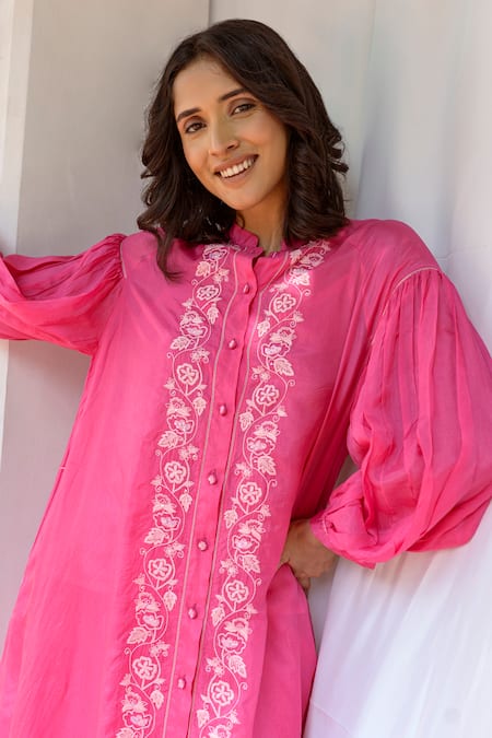 Ayaka_Fuchsia Viscose Embroidery High Neck Thread Hand Tunic _at_Aza_Fashions