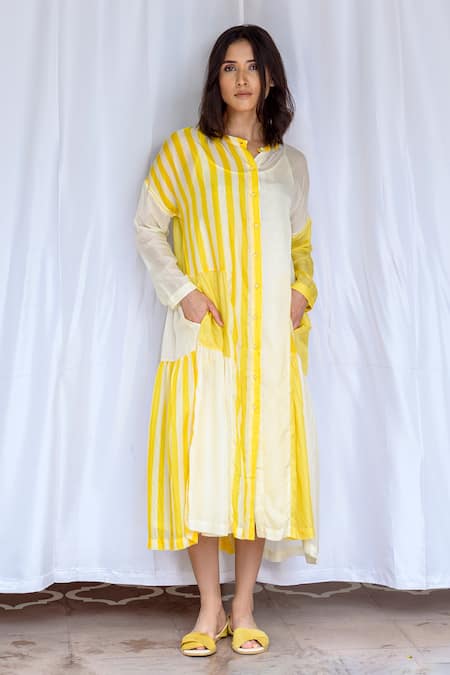 Ayaka_Yellow Viscose Button-down Neck Striped Pattern Dress With Inner _Online_at_Aza_Fashions