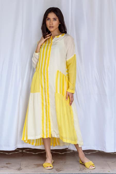 Buy_Ayaka_Yellow Viscose Button-down Neck Striped Pattern Dress With Inner _Online_at_Aza_Fashions