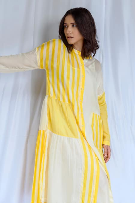 Shop_Ayaka_Yellow Viscose Button-down Neck Striped Pattern Dress With Inner _Online_at_Aza_Fashions