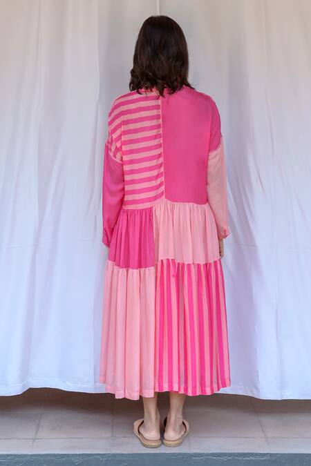 Shop Ayaka Yellow Viscose High Neck Striped Dress With Inner at Aza Fashions Shop_Ayaka_Yellow Viscose High Neck Striped Dress With Inner _at_Aza_Fashions