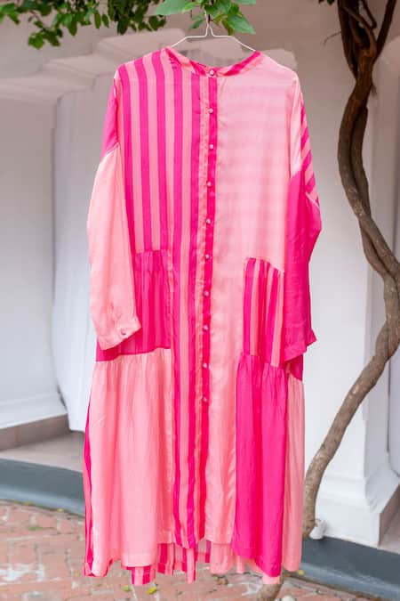 Ayaka Yellow Viscose High Neck Striped Dress With Inner Online at Aza Fashions Ayaka_Yellow Viscose High Neck Striped Dress With Inner _Online_at_Aza_Fashions