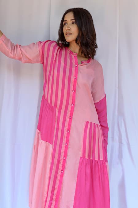 Ayaka Yellow Viscose High Neck Striped Dress With Inner at Aza Fashions Ayaka_Yellow Viscose High Neck Striped Dress With Inner _at_Aza_Fashions