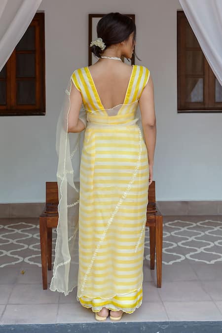 Shop Ayaka Yellow Silk Organza, Viscose Embroidery Striped Pattern Saree at Aza Fashions Shop_Ayaka_Yellow Silk Organza, Viscose Embroidery Striped Pattern Saree _at_Aza_Fashions
