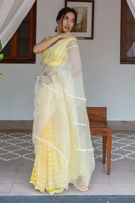 Ayaka Yellow Silk Organza, Viscose Embroidery Striped Pattern Saree Online at Aza Fashions Ayaka_Yellow Silk Organza, Viscose Embroidery Striped Pattern Saree _Online_at_Aza_Fashions