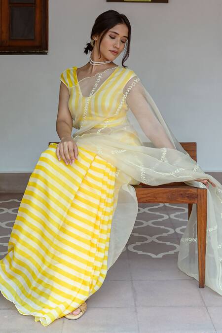 Buy Ayaka Yellow Silk Organza, Viscose Embroidery Striped Pattern Saree Online at Aza Fashions Buy_Ayaka_Yellow Silk Organza, Viscose Embroidery Striped Pattern Saree _Online_at_Aza_Fashions