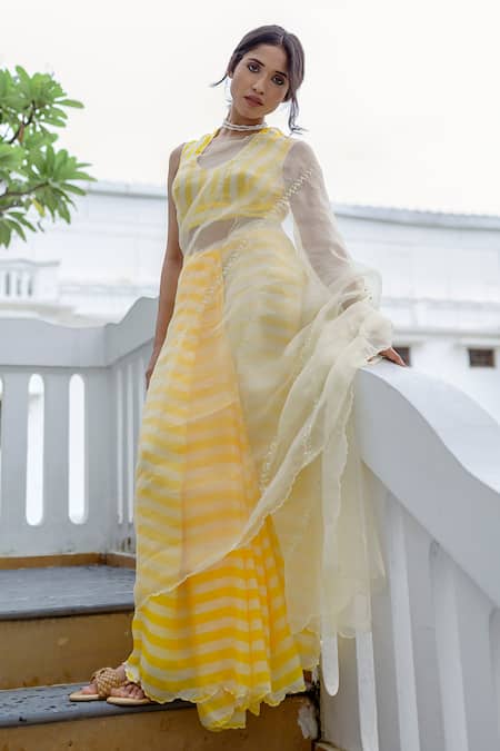 Ayaka Yellow Silk Organza, Viscose Embroidery Striped Pattern Saree at Aza Fashions Ayaka_Yellow Silk Organza, Viscose Embroidery Striped Pattern Saree _at_Aza_Fashions