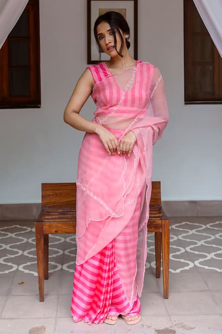 Ayaka_Pink 100% Silk Organza Embroidery Floral Vine Striped Pallu Saree _Online_at_Aza_Fashions