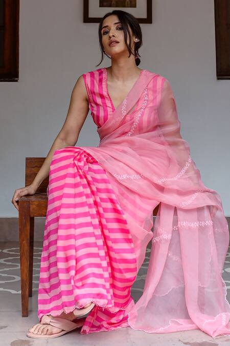 Buy_Ayaka_Pink 100% Silk Organza Embroidery Floral Vine Striped Pallu Saree _Online_at_Aza_Fashions