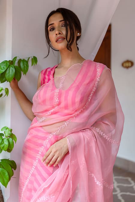 Shop_Ayaka_Pink 100% Silk Organza Embroidery Floral Vine Striped Pallu Saree _Online_at_Aza_Fashions
