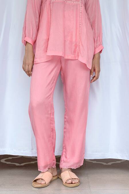 Buy_Ayaka_Pink Viscose, Cotton Straight Plain Trouser _Online_at_Aza_Fashions