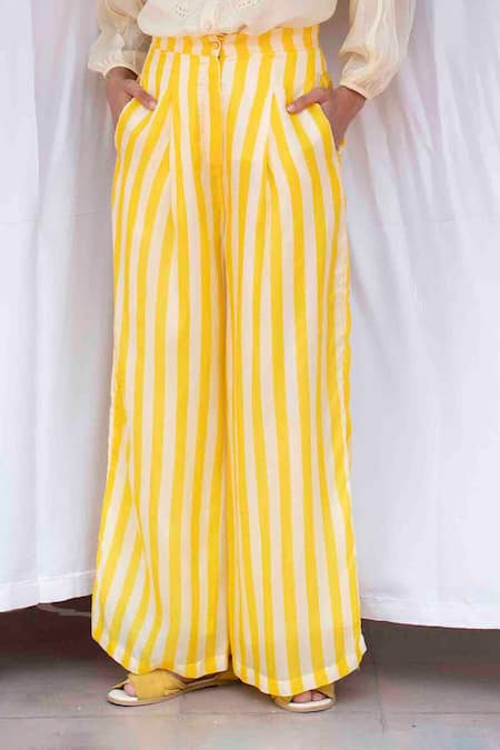 Ayaka_Yellow Viscose, Cotton Striped High Waist Trouser _Online_at_Aza_Fashions