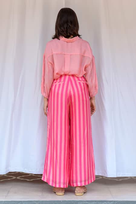 Shop Ayaka Yellow Viscose, Cotton Striped Flared Trouser at Aza Fashions Shop_Ayaka_Yellow Viscose, Cotton Striped Flared Trouser _at_Aza_Fashions