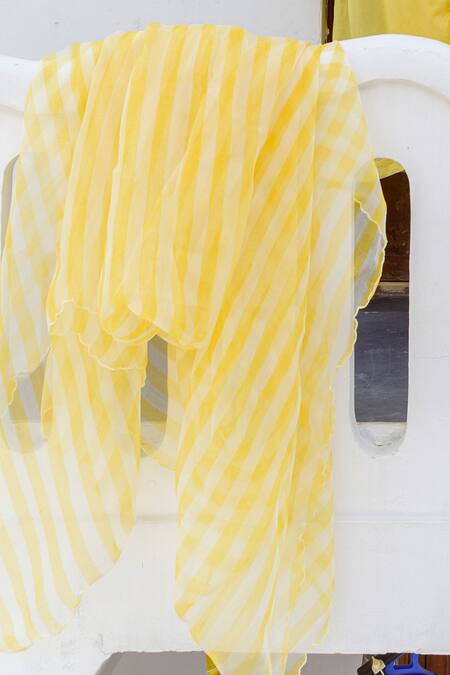 Ayaka_Yellow 100% Silk Organza Striped Scallop Edge Dupatta  _Online_at_Aza_Fashions