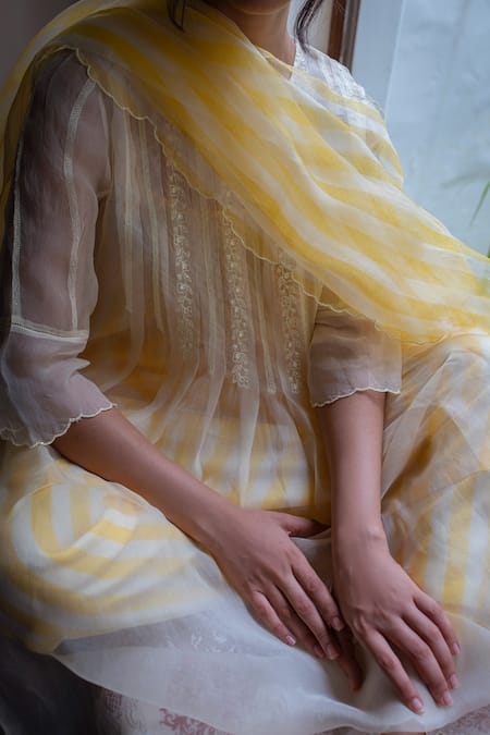Shop_Ayaka_Yellow 100% Silk Organza Striped Scallop Edge Dupatta  _Online_at_Aza_Fashions
