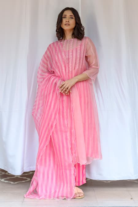 Shop_Ayaka_Pink Silk Organza, Viscose Embroidery High Neck Thread Hand Dress With Inner _Online_at_Aza_Fashions