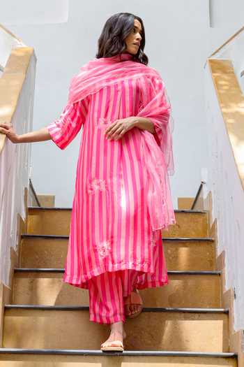 Ayaka_Pink Viscose Embroidery V-neck Striped Tunic With Inner _at_Aza_Fashions