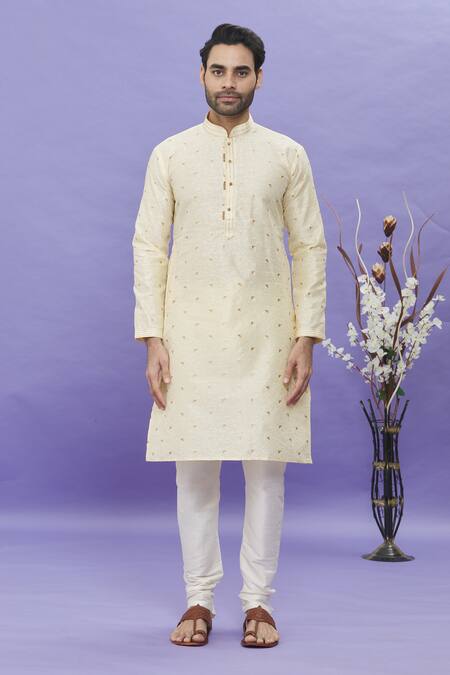 Arihant Rai Sinha_Cream Jacquard, Silk, Brocade Embroidery Geometric Pattern Kurta_Online_at_Aza_Fashions
