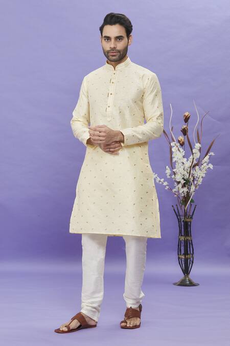 Buy_Arihant Rai Sinha_Cream Jacquard, Silk, Brocade Embroidery Geometric Pattern Kurta_Online_at_Aza_Fashions