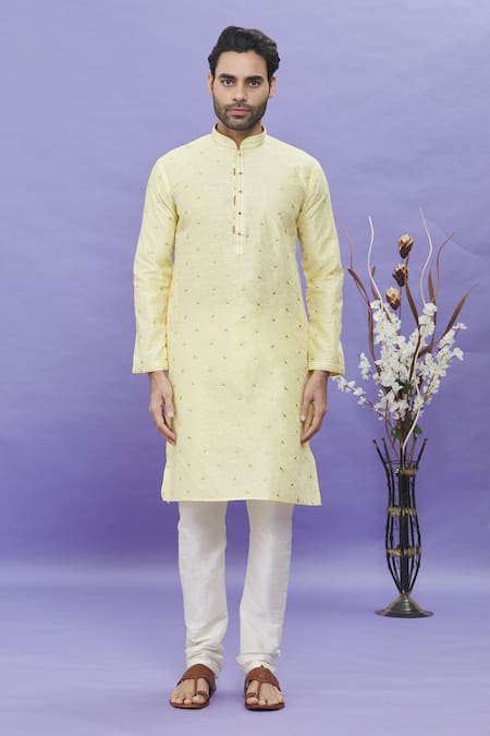Arihant Rai Sinha_Yellow Jacquard, Silk Embroidery Geometric Pattern Long Sleeved Kurta _Online_at_Aza_Fashions