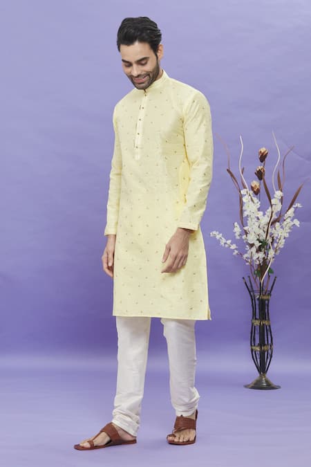 Buy_Arihant Rai Sinha_Yellow Jacquard, Silk Embroidery Geometric Pattern Long Sleeved Kurta _Online_at_Aza_Fashions