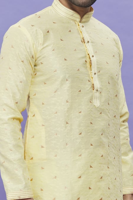 Shop_Arihant Rai Sinha_Yellow Jacquard, Silk Embroidery Geometric Pattern Long Sleeved Kurta _Online_at_Aza_Fashions