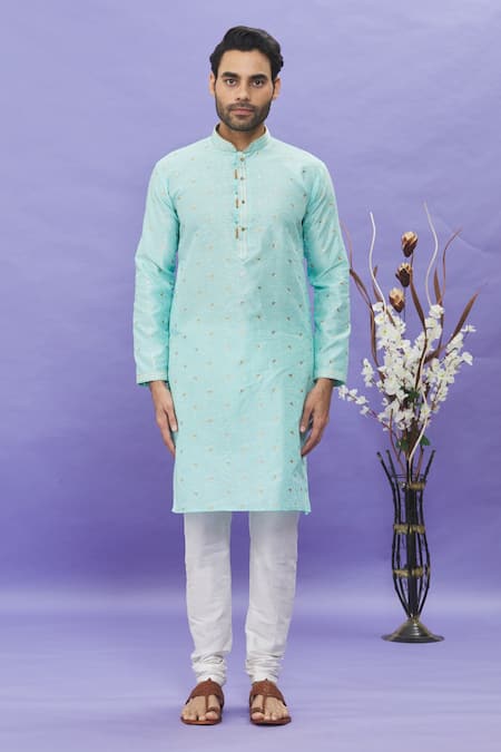 Arihant Rai Sinha_Green Jacquard, Silk Embroidery Geometric Pattern Mandarin Collar Kurta_Online_at_Aza_Fashions